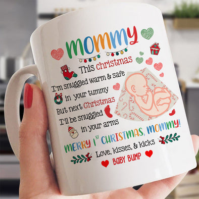 Gift For Future Mommy Merry 1st Christmas Love Kisses And Kicks Baby Bump Mugs -  MC - TT1111218 2
