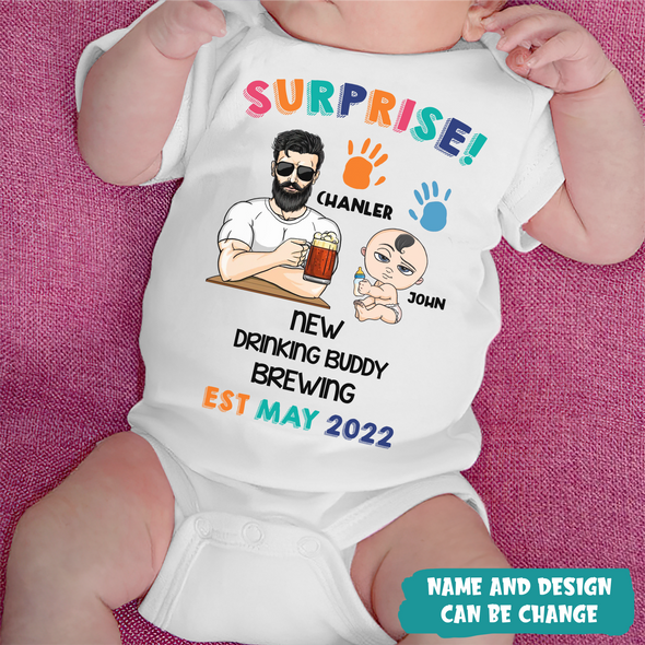 Gift For Daddy Surprise! New Drinking Buddy Brewing Baby Onesie - MC - TT1105223