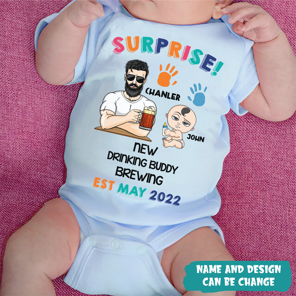 Gift For Daddy Surprise! New Drinking Buddy Brewing Baby Onesie - MC - TT1105223
